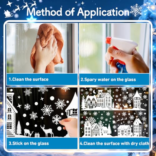 Christmas Village Window Clings Set - Extra Large Snowflake & Elk Design, 2 Sheets, White Theme