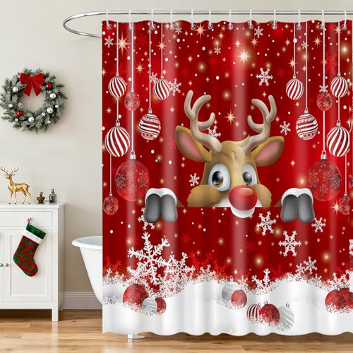OTOSTAR Christmas Shower Curtain 72" Red Deer Design with Hooks