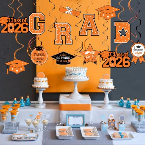 30 Orange & Black Graduation Swirls Decorations - Class of 2026