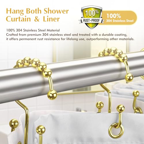 Gold Shower Curtain Hooks - 12 Pcs Rust Proof 304 Stainless Steel