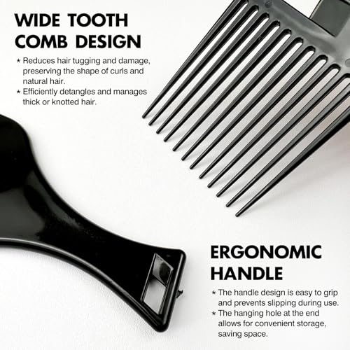 Zoolinn 3-Pack Black Plastic Afro Pick Lift Combs for Detangling Hair, Wigs & Braids