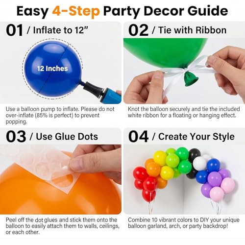 50-Pack 12-Inch Rainbow Balloons Set for Parties - Helium Quality