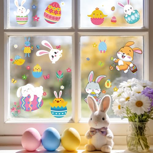 AFRITEE Easter Window Clings - 9 Sheets Cute Bunny & Floral Glass Stickers