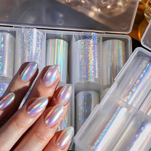 OSTTMA 10PCS Aurora Nail Foil Transfer Stickers Holographic Mermaid Design