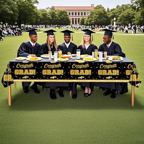 Black & Gold Graduation Tablecloth Set - 2 Pack, 54x108 Inch