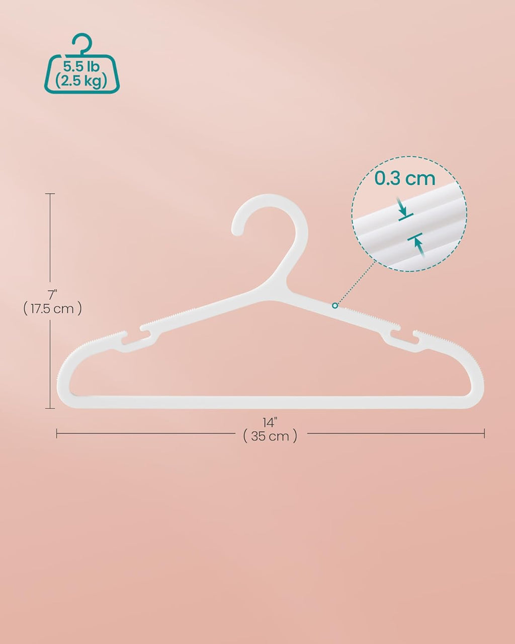 SONGMICS Kids Hangers - 100 Pack Plastic Baby Hangers for Closet | Space-Saving Non-Slip Design, Cloud White, 14 x 7 Inches