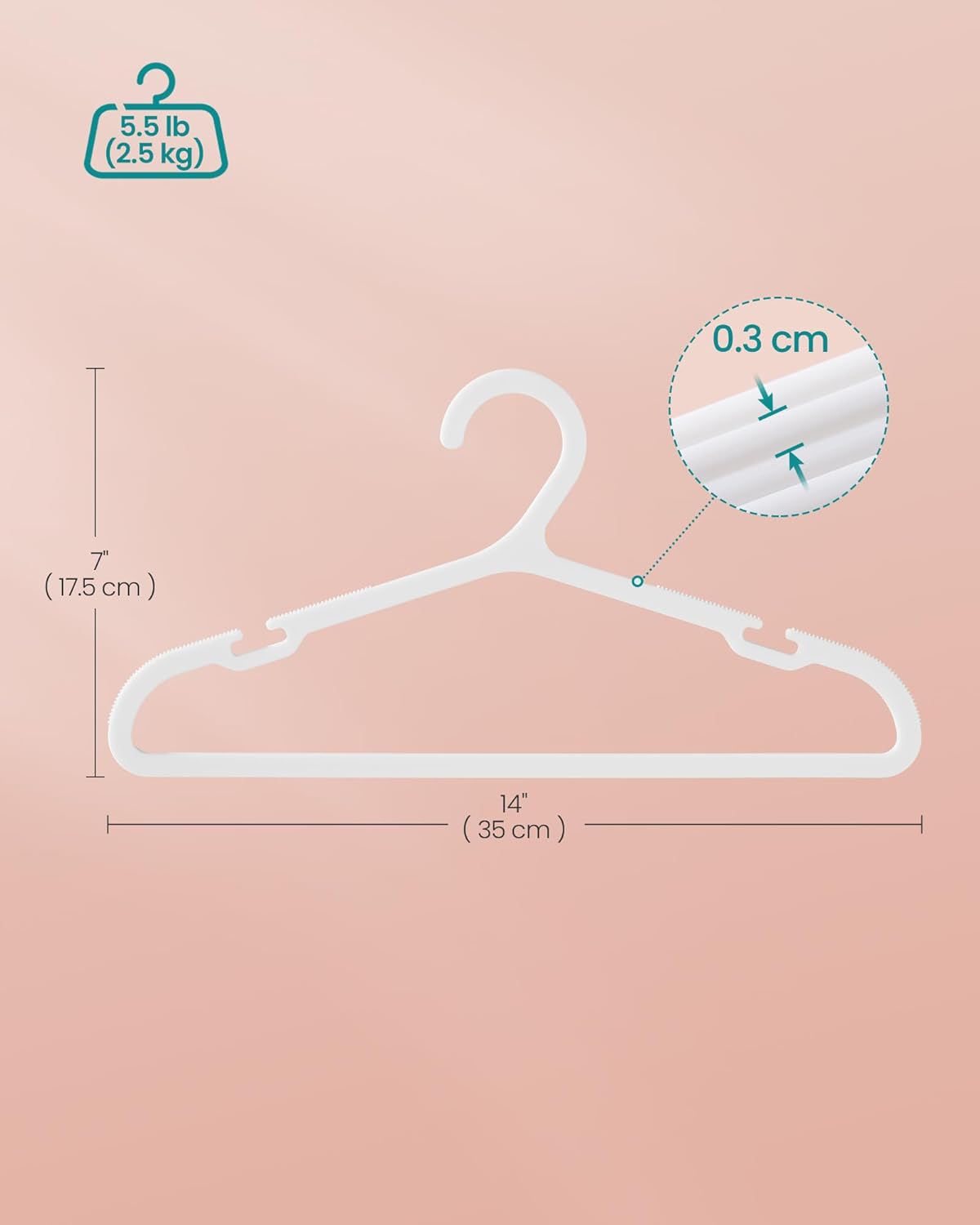 SONGMICS Kids Hangers - 100 Pack Plastic Baby Hangers for Closet | Space-Saving Non-Slip Design, Cloud White, 14 x 7 Inches