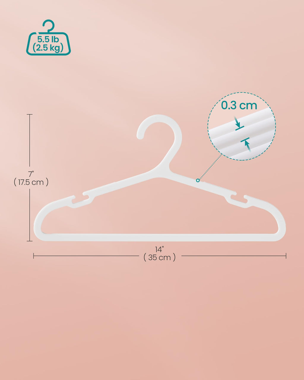 SONGMICS Kids Hangers 100 Pack, Plastic Baby Hangers for Closet, 14 x 7 Inches, for Children Aged 7-12 Years, Space-Saving, Non-Slip, Cloud White UCRP190W01