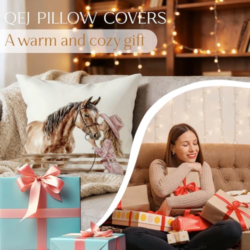 Western Cowgirl Horse Pillow Cover 18x18 - Horses Girls Edition, Rustic Country Farmhouse Decor