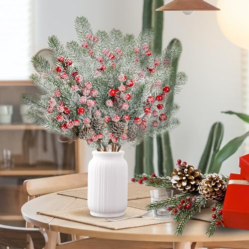 Red Snow Frosted Christmas Berries Pine Picks - 6 Pack Holiday Decor