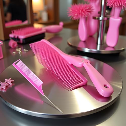 Pink Carbon Fiber Metal-Pin Rat Tail Comb for Hair Styling and Parting