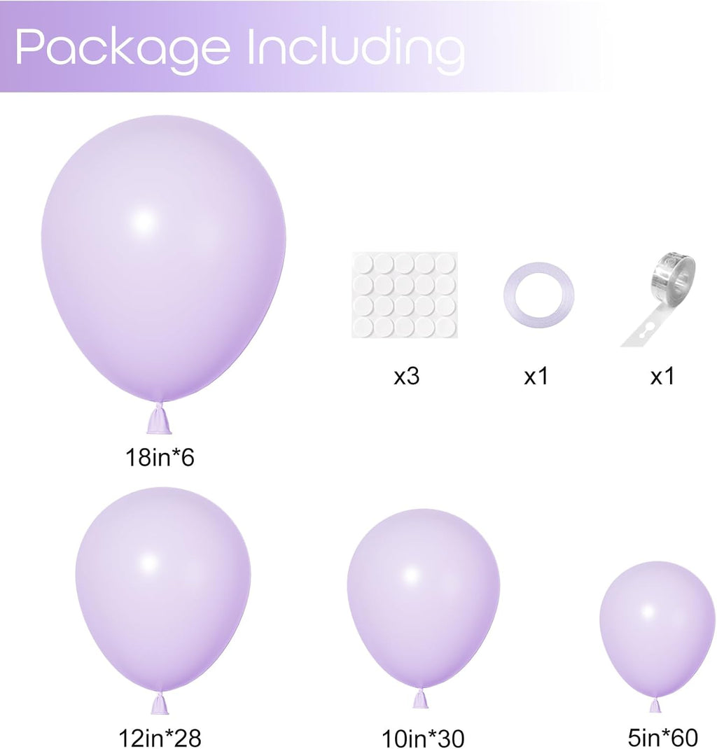 Ouddy Pastel Purple Balloon Set - 129 Pcs in Various Sizes for Birthday & Wedding Decor | Includes 6 Pcs 18” Arch Kit