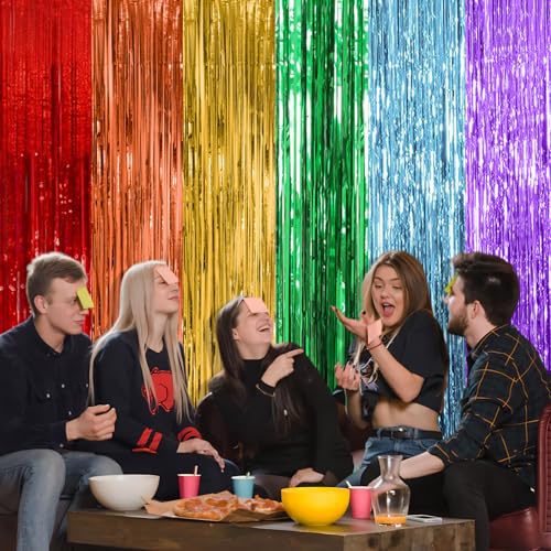 Rainbow Foil Fringe Curtains - 2 Pack Metallic Tinsel Party Backdrop
