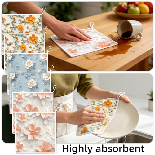 Reusable Microfiber Kitchen Dish Cloths - 6-Pack with Hanging Loops