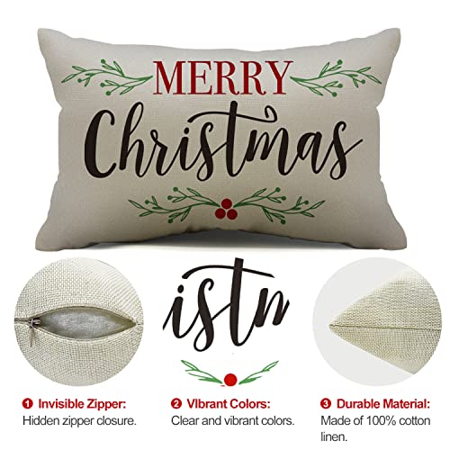 Merry Christmas Lumbar Pillow Cover, Holly Berry Linen 12x20 Inch - White