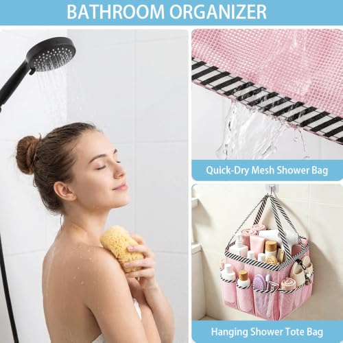 Ynaquest Mesh Shower Caddy - 9 Pocket Portable Toiletry Tote, Pink Stripe