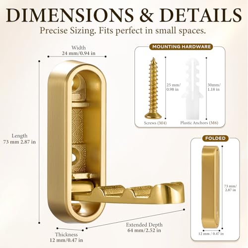 CHAFURIO Folding Wall Hooks - Gold Heavy Duty Coat Hooks (2 Pack)