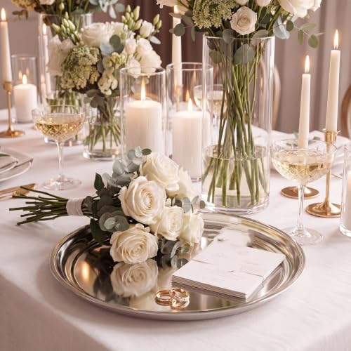 14 Inch Silver Mirror Decorative Tray Set - Round Stainless Steel