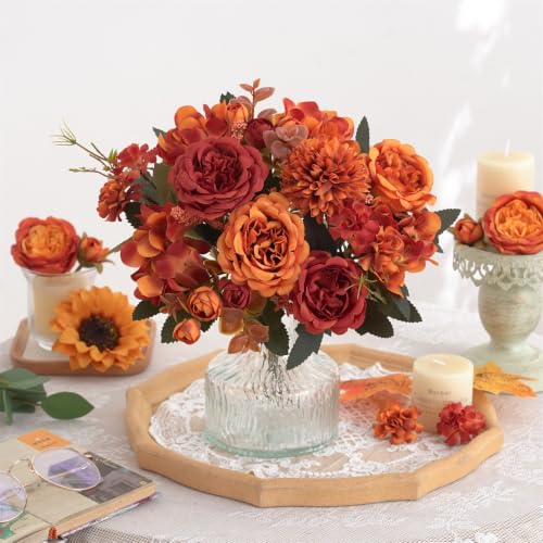 2 Pcs Artificial Fall Peony & Hydrangea Bouquet - Orange Red Silk Flowers