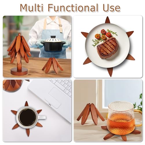 4-Piece Walnut Wooden Christmas Tree Trivet Set for Hot Dishes