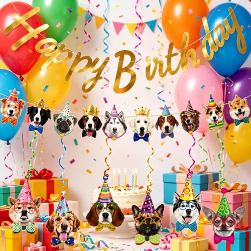 Dog Birthday Banner Set with Gold Glitter & Decorations