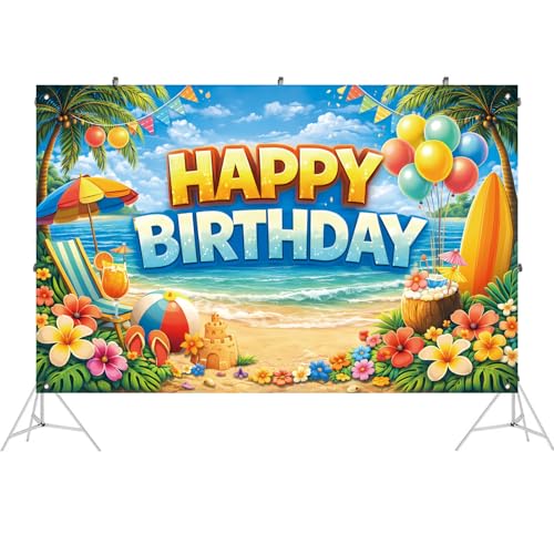 Happy Birthday Beach Backdrop Banner - Tropical Luau Photo Booth (71 x 43 in)
