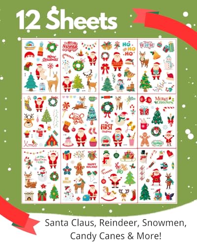 Christmas Temporary Tattoos for Kids - 12 Sheets Holiday Party Favors