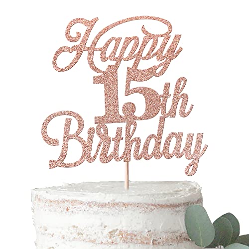 Rose Gold Glitter 15th Birthday Cake Topper - 15 & Fabulous Party Decoration