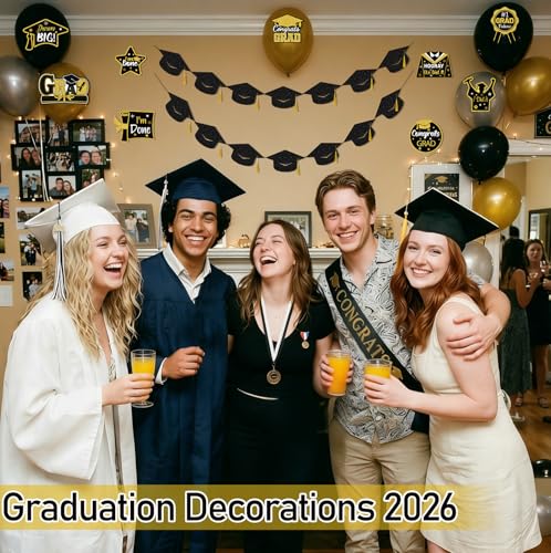 2026 Graduation Decorations - Pre-Strung Black Glitter Banner with Gold Tassels