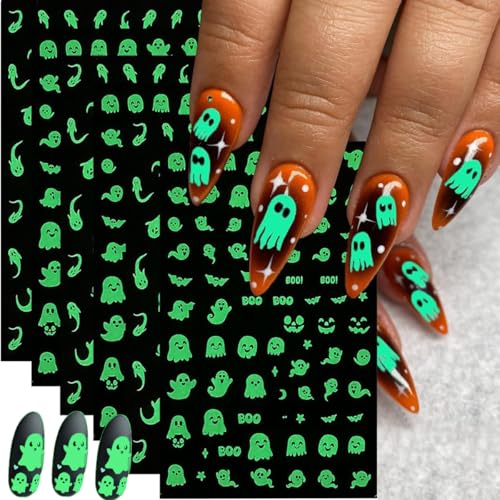 KAICCOSO 6pcs Glow in the Dark Halloween Nail Stickers Self-Adhesive Ghost Bat Nail Decals