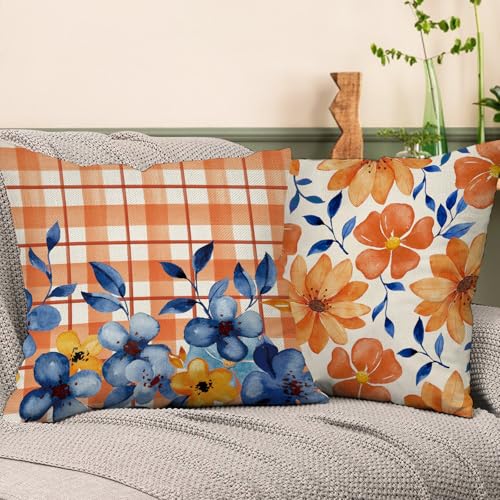 Blue Orange Flowers Decorative Throw Pillow Covers - Set of 4, 18x18