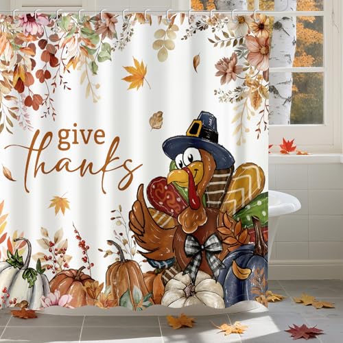 Thanksgiving Turkey Shower Curtain, Waterproof Autumn Fall Bathroom Decor