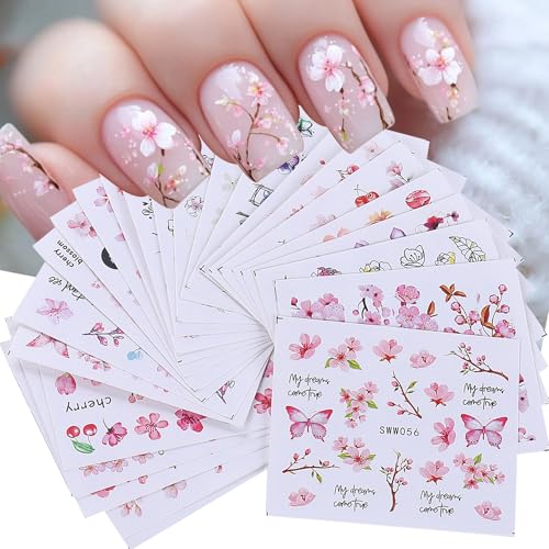 Spring Pink Flower Water Nail Decals 24 Sheets Cherry Blossom Nail Art