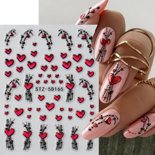 5D Embossed Heart Nail Stickers Gold Pink Valentine Decals 4 Sheets