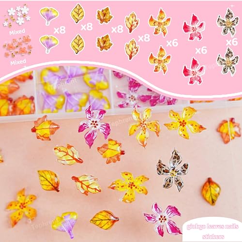 Tephrent 3D Flower Nail Charms Fall Maple Leaf Rhinestones and Pearls