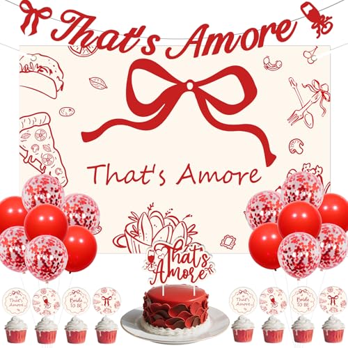 That's Amore Bridal Shower Decorations Set with Backdrop & Cupcake Toppers