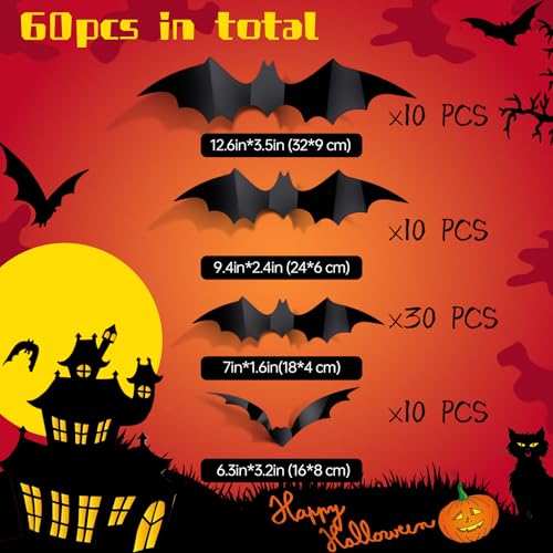 60PCS Waterproof Halloween Bat Stickers - 4 Sizes for Home Decor