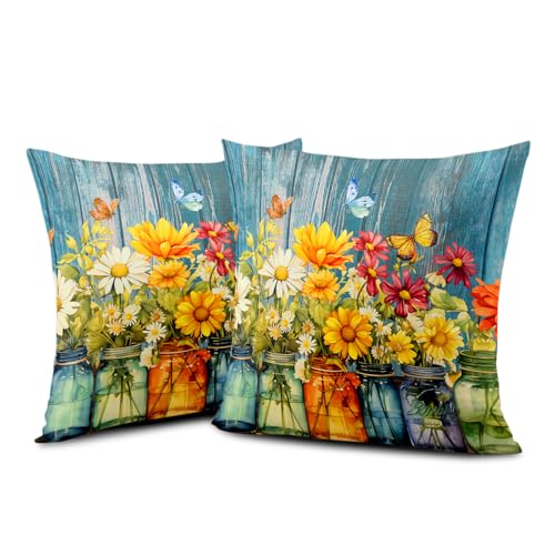Daisy Floral Pillow Covers 18x18, Set of 2 - Rustic Spring Decor