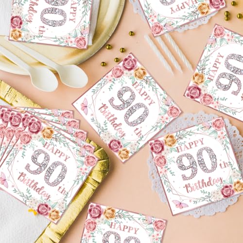 EUOYUFO 50Pcs Rose Gold Floral 90th Birthday Napkins for Women - 90th Birthday Party Supplies