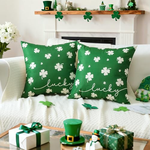 St Patricks Day Lucky Clover Pillow Covers 18x18 Inch Set of 2 - Green