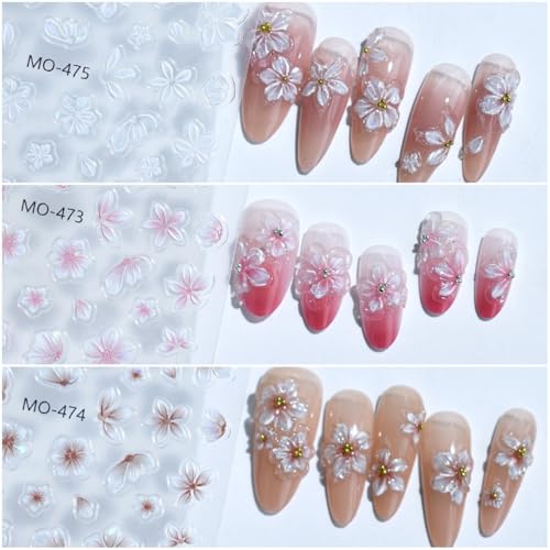Umillars 5D Embossed Floral Nail Stickers - 6 Sheets Self-Adhesive Flower Nail Decals for DIY Manicure
