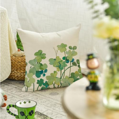 St. Patrick’s Day Shamrock Pillow Cover, 18x18 Inch Watercolor Lucky Clover