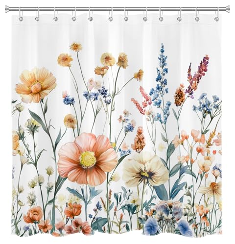 Vintage Wildflower Shower Curtain - Blue & Orange, 72x72 inch