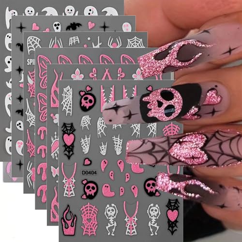 6 Sheets Halloween Nail Stickers Pink Glitter Butterfly Spider Web 3D Decals