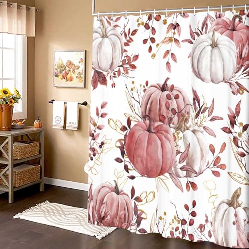 Uokiuki Fall Pumpkin Shower Curtain, Rustic Autumn Maple Leaves 70x70 Inch