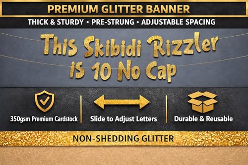 Pre-Strung Gold Glitter Skibidi Rizzler Banner for 10th Birthday