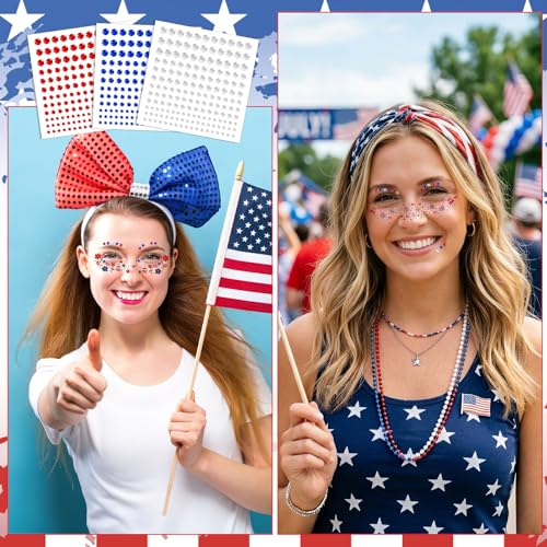 HOWAF Patriotic Glitter Freckles Temporary Tattoos & Face Gems 14-Piece Set