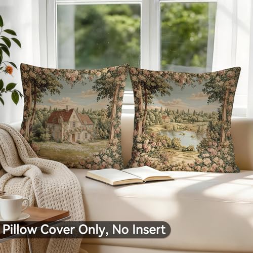 Vintage French Country Floral Pillow Covers, 18x18 Scene Cottage Set of 2