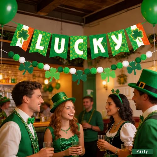 St. Patrick's Day Banner Decorations 2 Pack - LUCKY Banner and Shamrock Pom Pom Garland