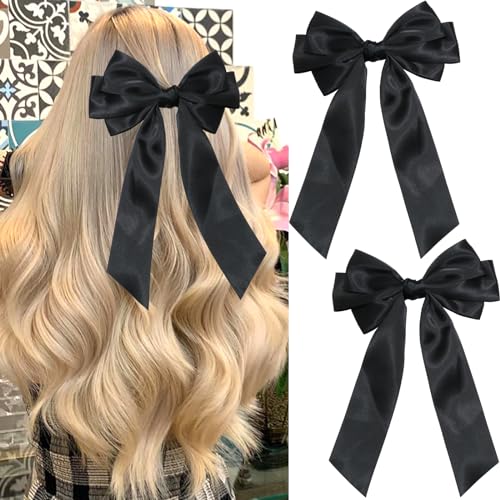 Black Satin Hair Bow Clips 2PCS Oversize Long Tail French Barrette